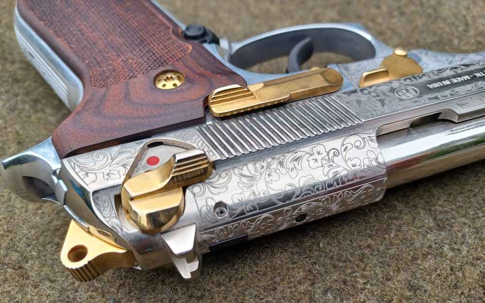 Beautiful Custom Engraved Beretta M9-9mm-Wood Grips-Gold Accents-92FS-img-11