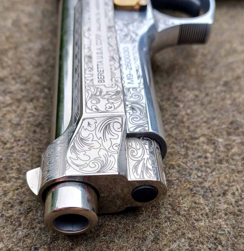 Beautiful Custom Engraved Beretta M9-9mm-Wood Grips-Gold Accents-92FS-img-6
