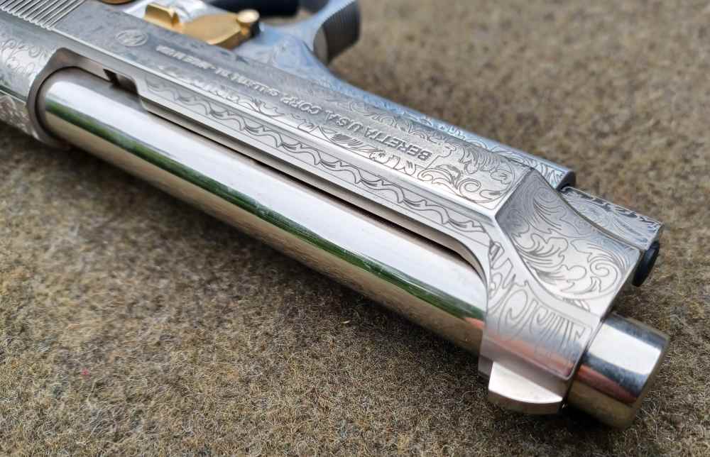Beautiful Custom Engraved Beretta M9-9mm-Wood Grips-Gold Accents-92FS-img-13