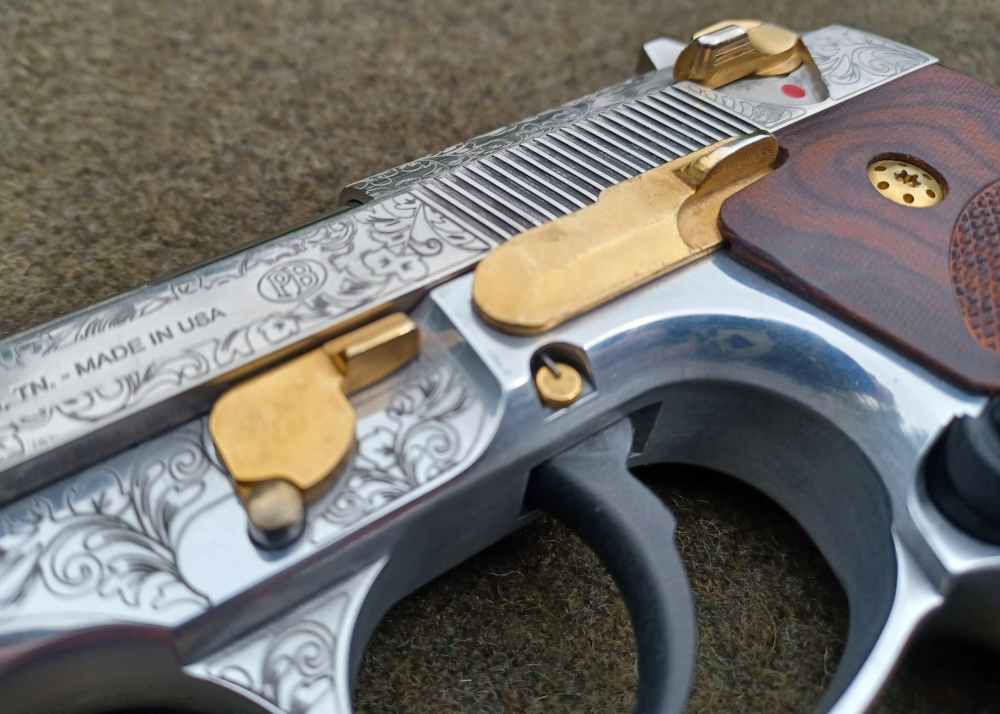 Beautiful Custom Engraved Beretta M9-9mm-Wood Grips-Gold Accents-92FS-img-7