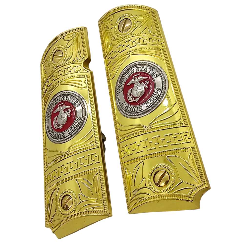 1911 Full Size Gold Metal Grips USMC Emblem w/ Ambi Cut + Matching Screws-img-1