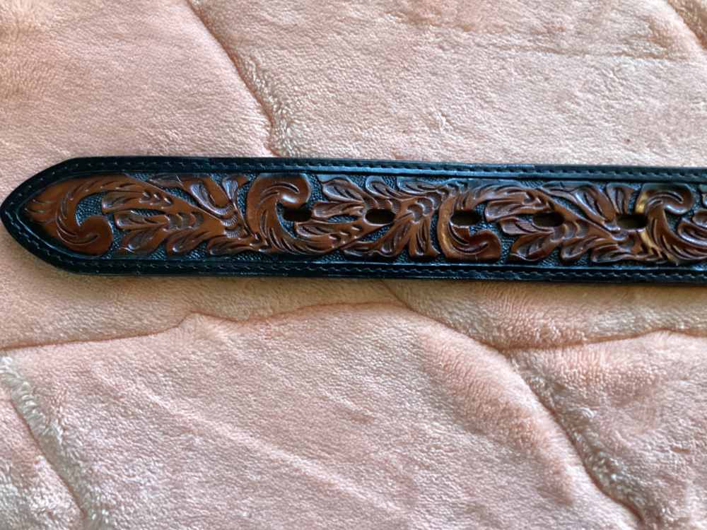 Belt, Hand Tooled Leather, With Buckle, Western Design.-img-2