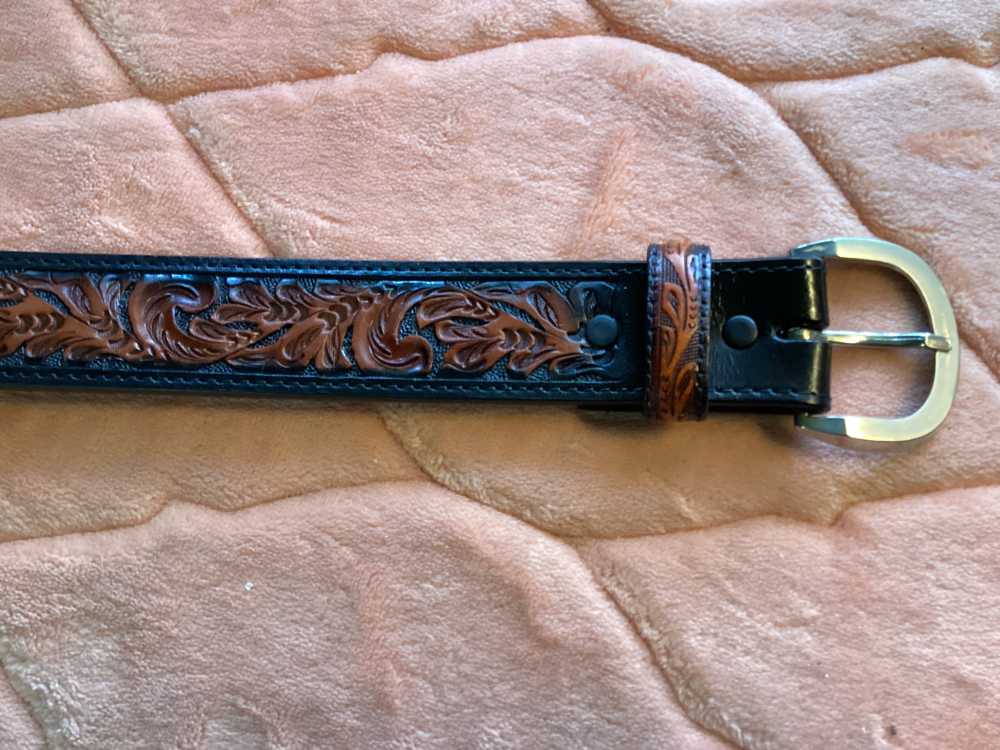 Belt, Hand Tooled Leather, With Buckle, Western Design.-img-0