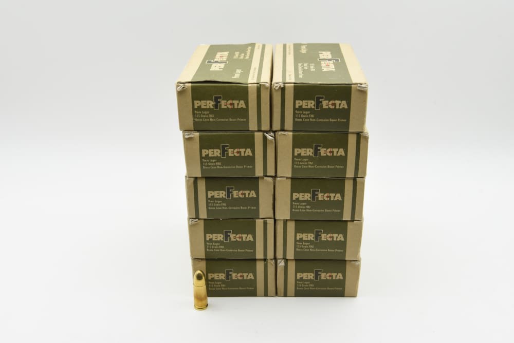 500 Rounds Perfecta 9mm Luger 115 Grain FMJ Brass Case Ammo 10 Boxes-img-1