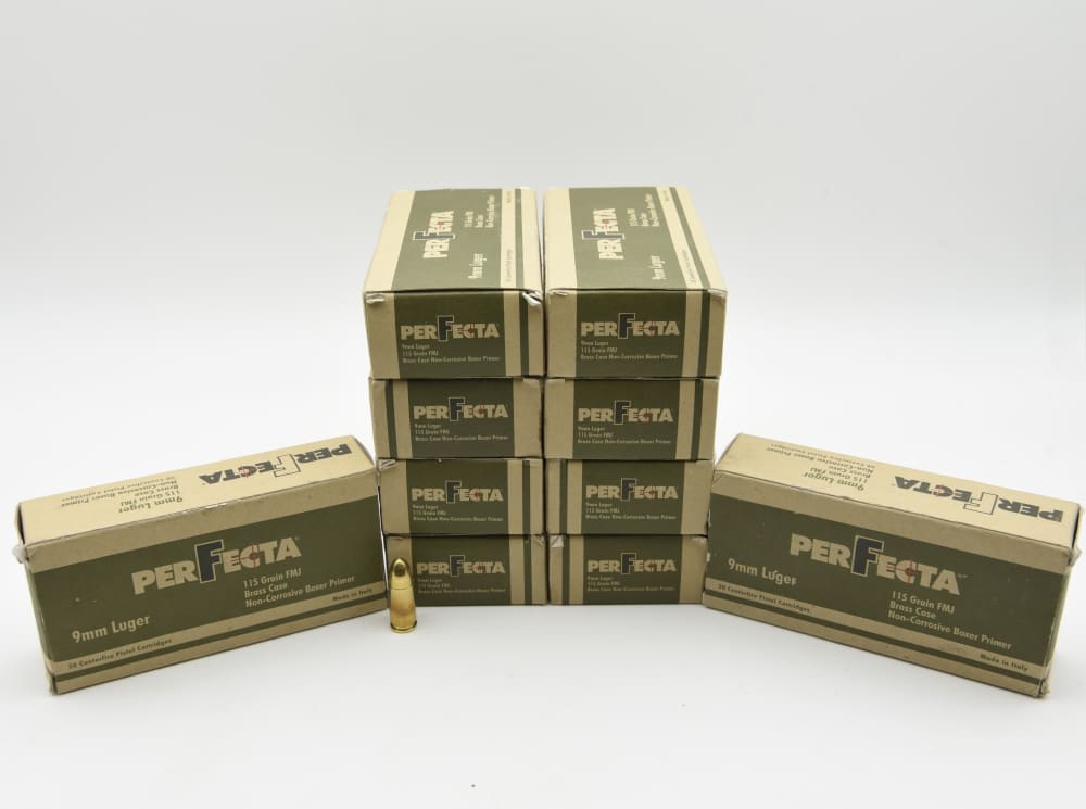 500 Rounds Perfecta 9mm Luger 115 Grain FMJ Brass Case Ammo 10 Boxes-img-0