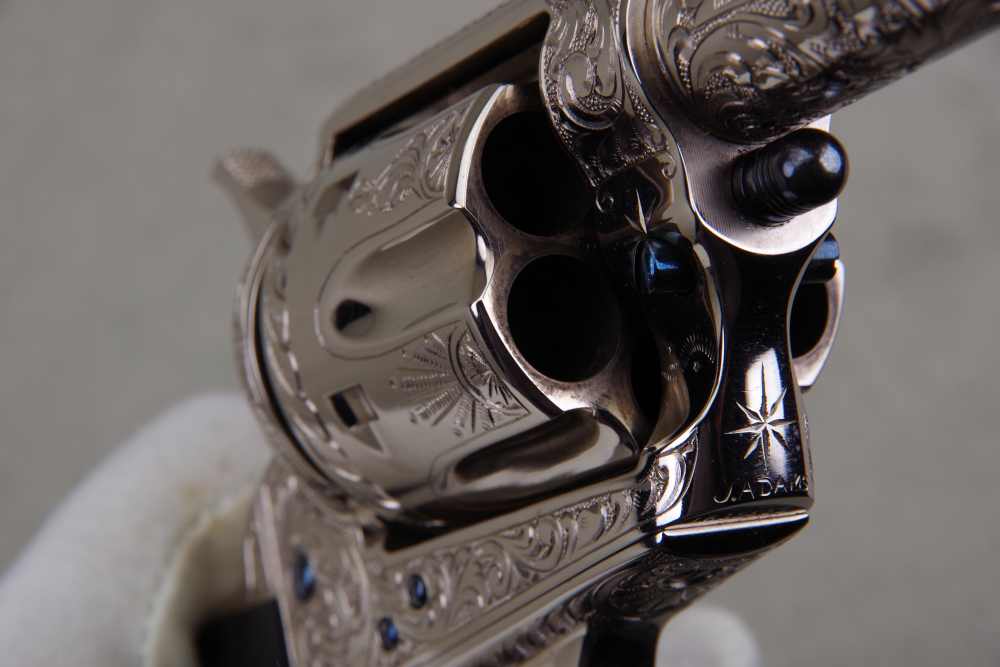 John Adams Master Engraved 1988 Colt SAA Sheriffs 45 LC 2 1/2'' Nickel 99%+-img-33