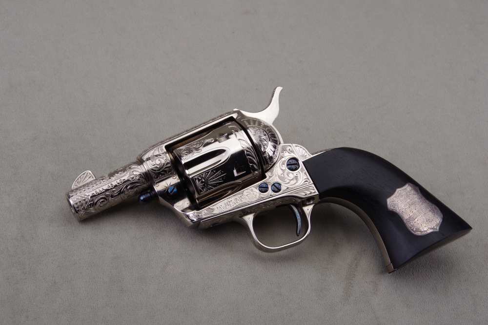 John Adams Master Engraved 1988 Colt SAA Sheriffs 45 LC 2 1/2'' Nickel 99%+-img-19