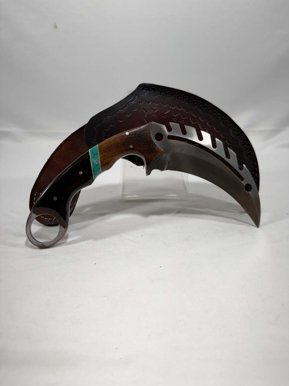 Custom Handmade Hawkbill Knife - Wood & Black Handle Turquoise Inlay-img-3