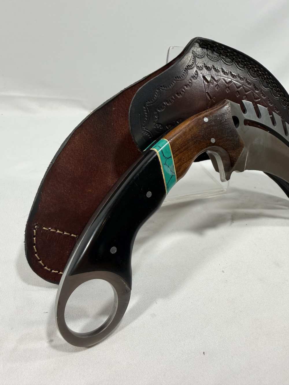 Custom Handmade Hawkbill Knife - Wood & Black Handle Turquoise Inlay-img-2