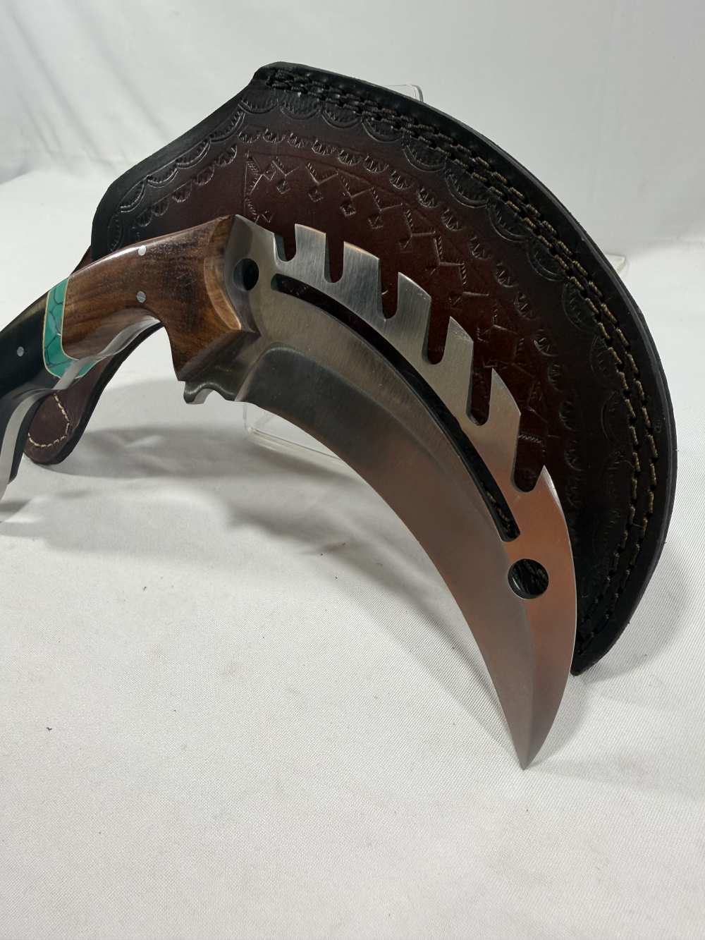 Custom Handmade Hawkbill Knife - Wood & Black Handle Turquoise Inlay-img-1