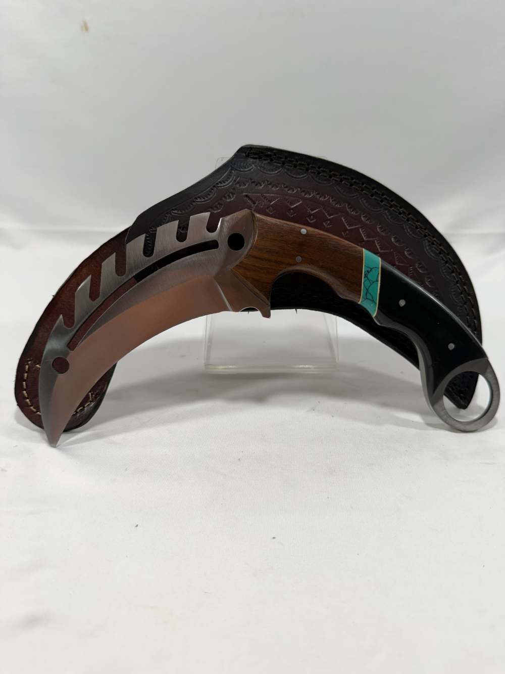 Custom Handmade Hawkbill Knife - Wood & Black Handle Turquoise Inlay-img-0