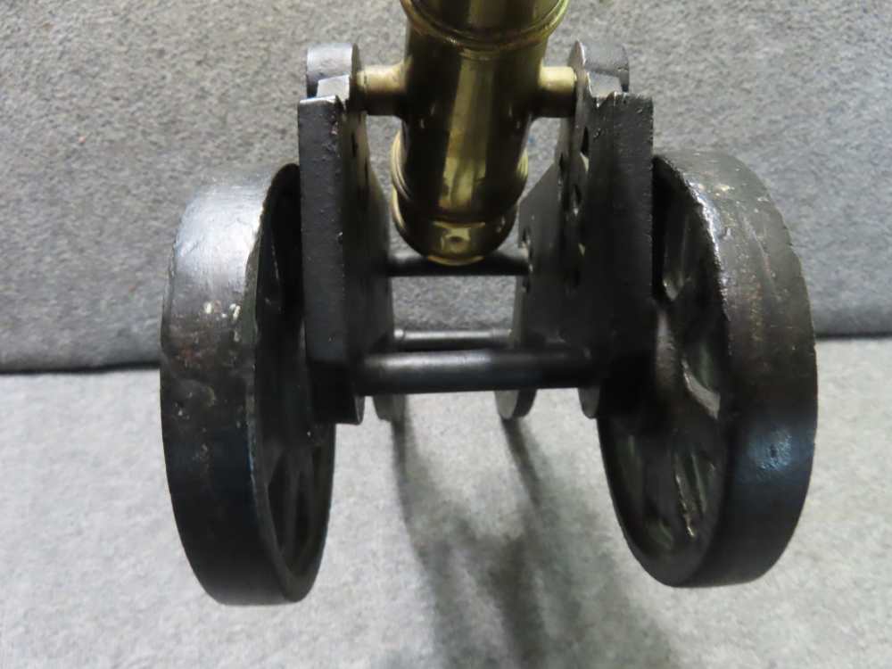 ANTIQUE BRASS BARREL .80 CALIBER SALUTE CANNON W/ROLLING CAST IRON CARRIAGE-img-19