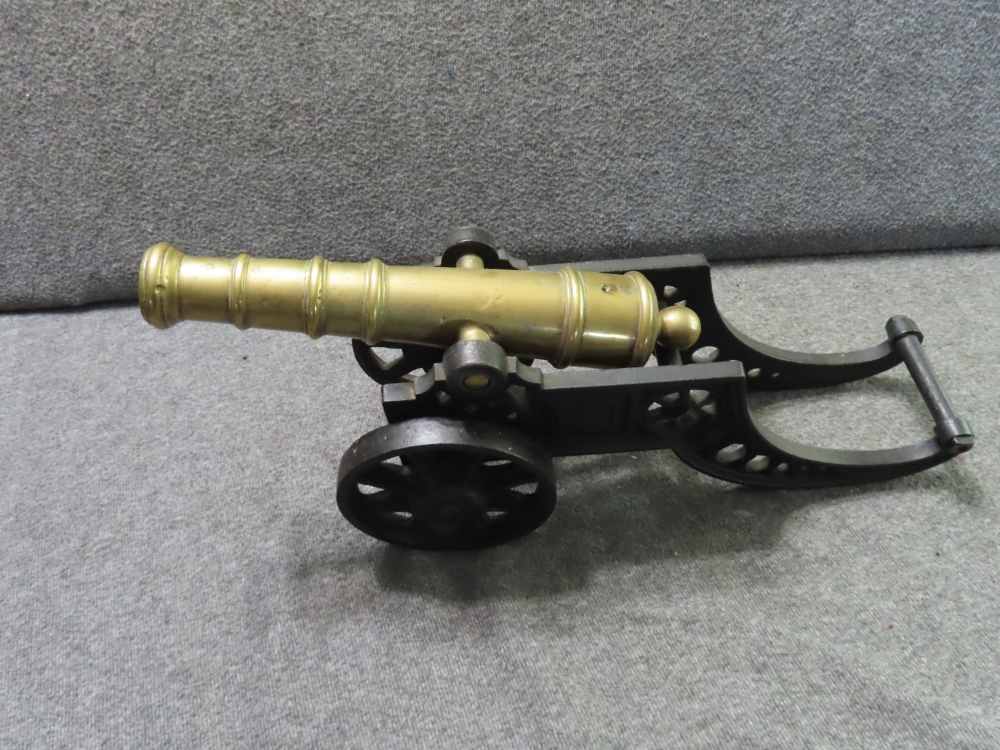 ANTIQUE BRASS BARREL .80 CALIBER SALUTE CANNON W/ROLLING CAST IRON CARRIAGE-img-0