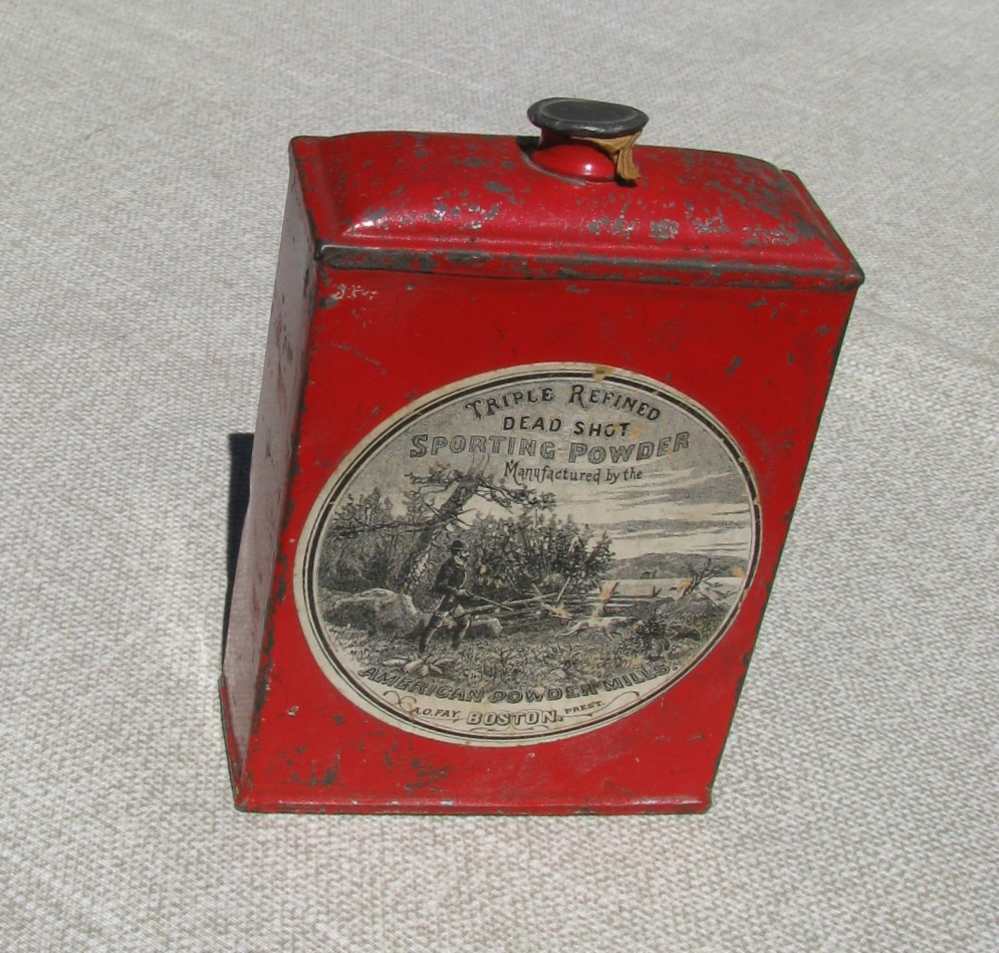 AMERICAN POWDER MILLS 2 HUNTING LABELS DEADSHOT SPORT POWDER TIN 1895-1910-img-4