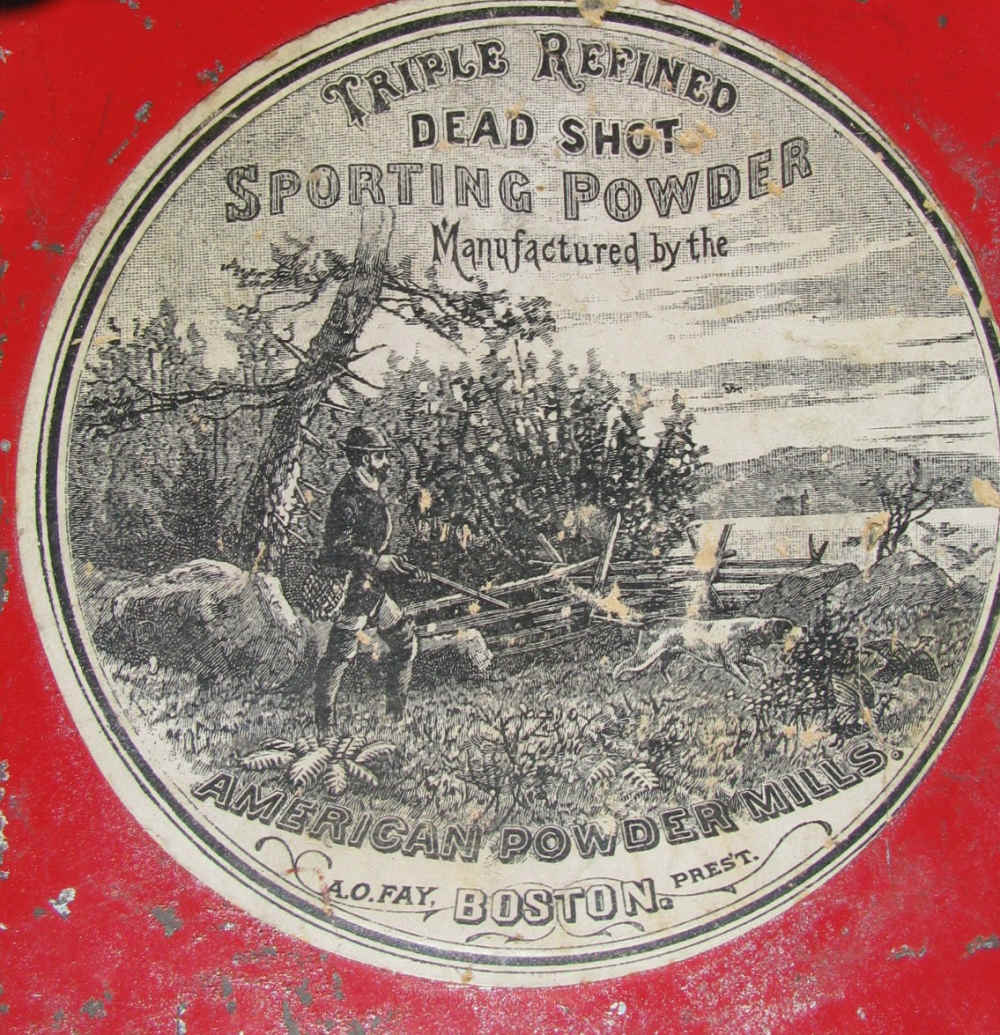 AMERICAN POWDER MILLS 2 HUNTING LABELS DEADSHOT SPORT POWDER TIN 1895-1910-img-1