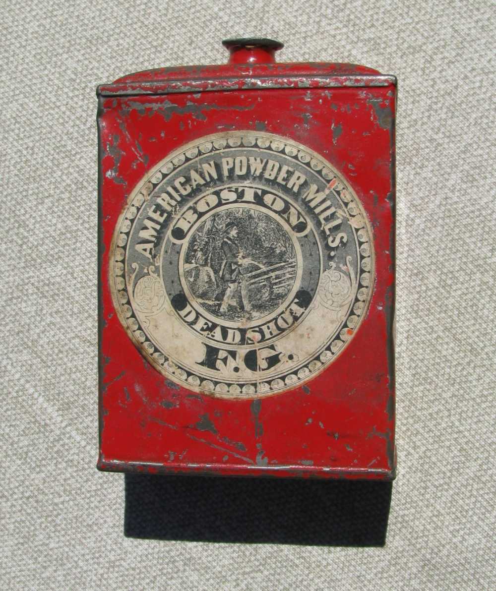 AMERICAN POWDER MILLS 2 HUNTING LABELS DEADSHOT SPORT POWDER TIN 1895-1910-img-2