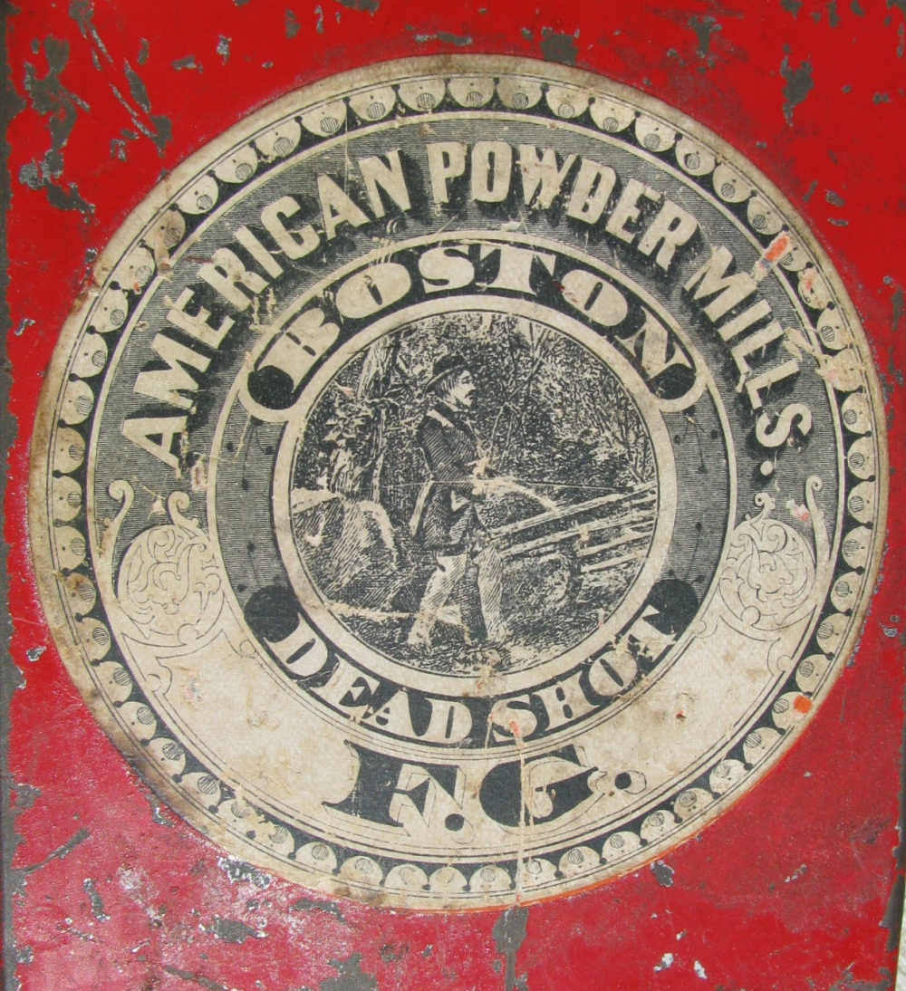 AMERICAN POWDER MILLS 2 HUNTING LABELS DEADSHOT SPORT POWDER TIN 1895-1910-img-3