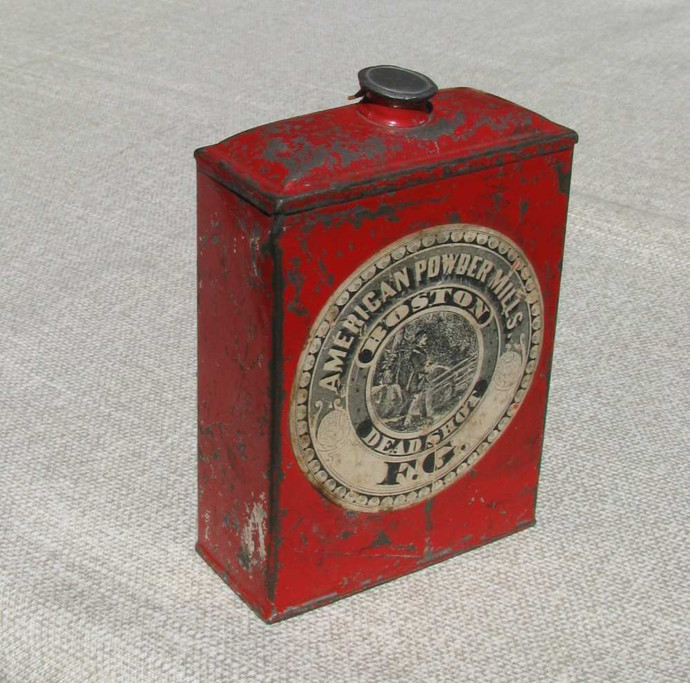 AMERICAN POWDER MILLS 2 HUNTING LABELS DEADSHOT SPORT POWDER TIN 1895-1910-img-7