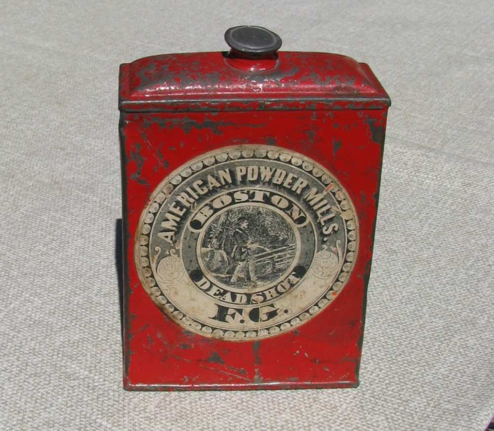 AMERICAN POWDER MILLS 2 HUNTING LABELS DEADSHOT SPORT POWDER TIN 1895-1910-img-8