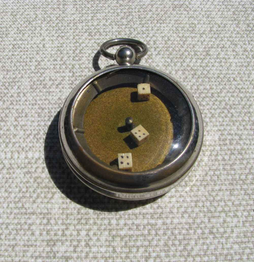 FINE ANTIQUE GAMBLERS 3 SPINNING DICE LEVER POCKET WATCH MECHANICAL GAME-img-2