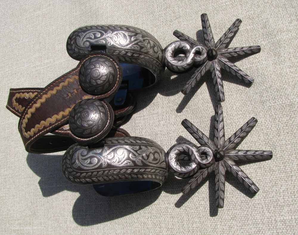 UNIQUE ANTIQUE MINT RARE BIG HEAVY FANCY 2 PATTERN INLAID CHARRO SPURS 1890-img-0