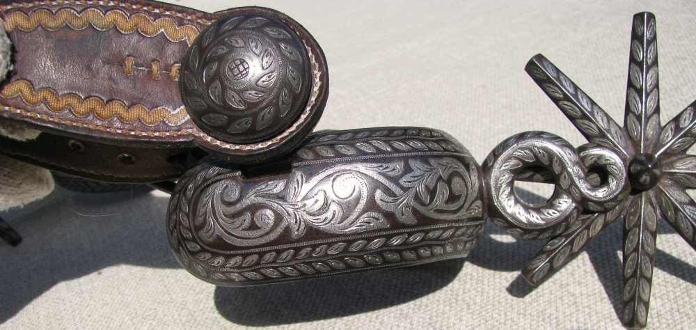 UNIQUE ANTIQUE MINT RARE BIG HEAVY FANCY 2 PATTERN INLAID CHARRO SPURS 1890-img-7