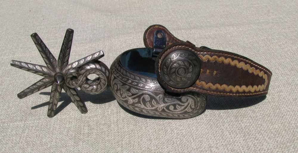 UNIQUE ANTIQUE MINT RARE BIG HEAVY FANCY 2 PATTERN INLAID CHARRO SPURS 1890-img-4