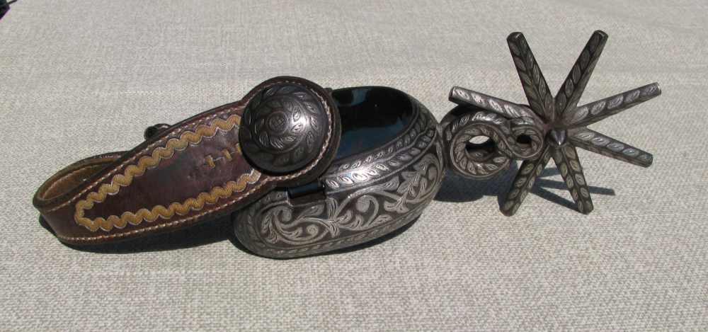 UNIQUE ANTIQUE MINT RARE BIG HEAVY FANCY 2 PATTERN INLAID CHARRO SPURS 1890-img-2