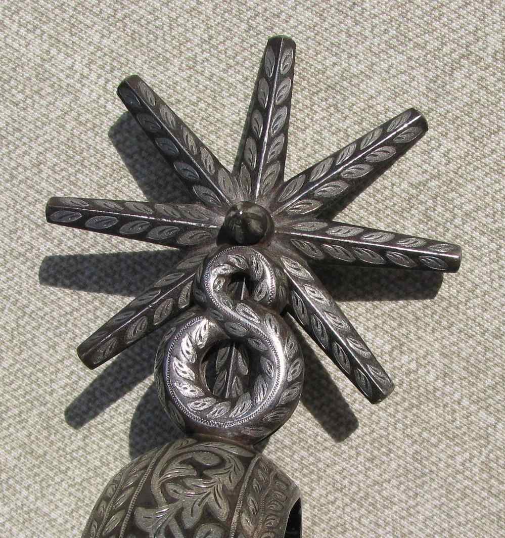 UNIQUE ANTIQUE MINT RARE BIG HEAVY FANCY 2 PATTERN INLAID CHARRO SPURS 1890-img-8