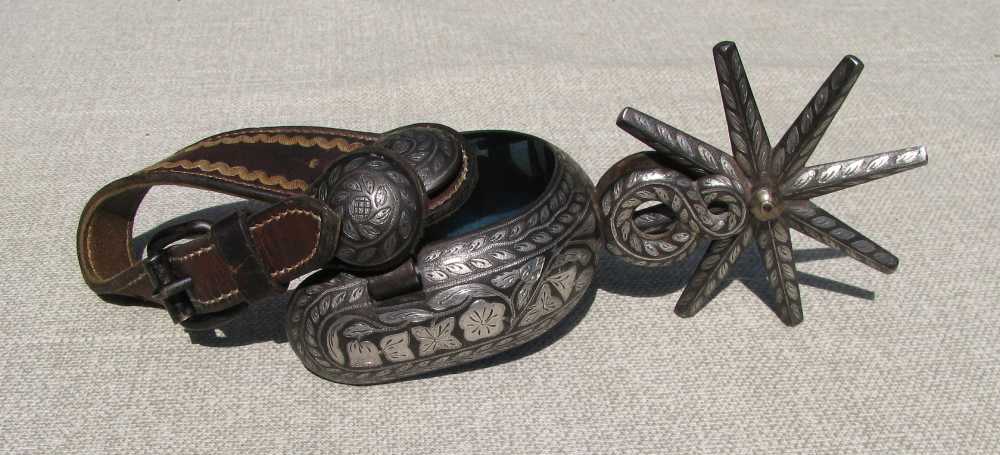 UNIQUE ANTIQUE MINT RARE BIG HEAVY FANCY 2 PATTERN INLAID CHARRO SPURS 1890-img-5