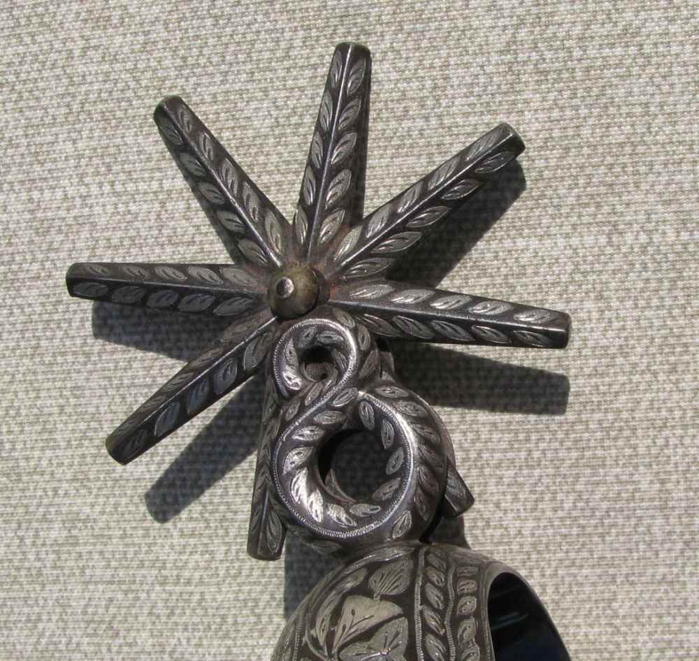 UNIQUE ANTIQUE MINT RARE BIG HEAVY FANCY 2 PATTERN INLAID CHARRO SPURS 1890-img-9