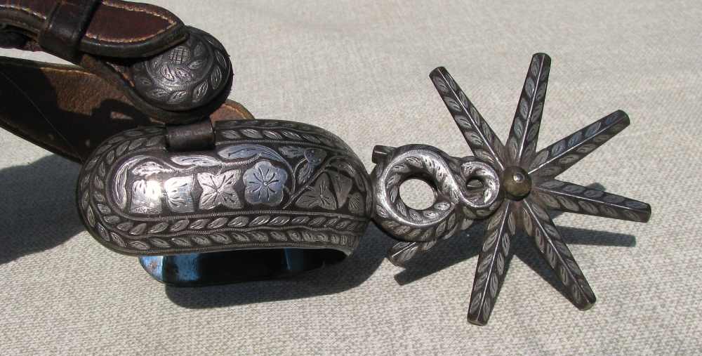 UNIQUE ANTIQUE MINT RARE BIG HEAVY FANCY 2 PATTERN INLAID CHARRO SPURS 1890-img-6