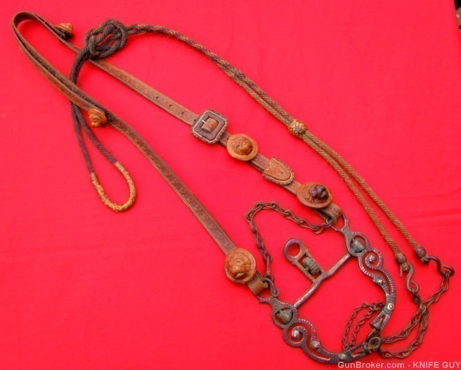 SALE! FINE SET 1870 CALIF SILVER BIT LION CONCHOS HEADSTALL HORSEHAIR REINS-img-11