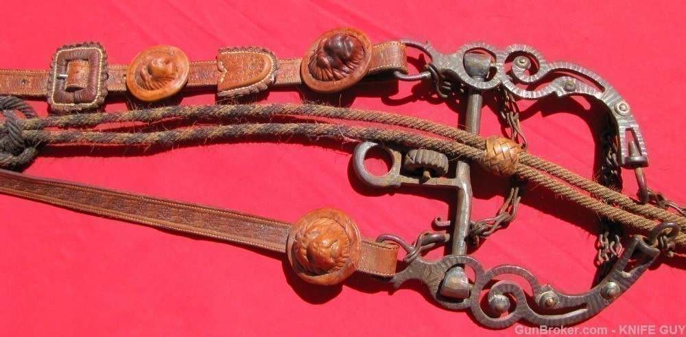 SALE! FINE SET 1870 CALIF SILVER BIT LION CONCHOS HEADSTALL HORSEHAIR REINS-img-7
