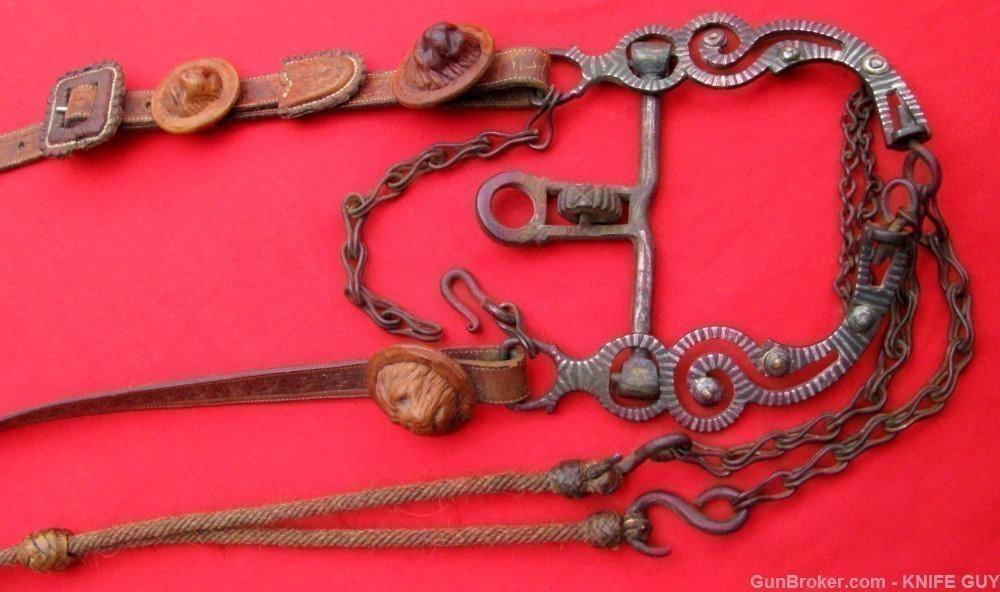 SALE! FINE SET 1870 CALIF SILVER BIT LION CONCHOS HEADSTALL HORSEHAIR REINS-img-0