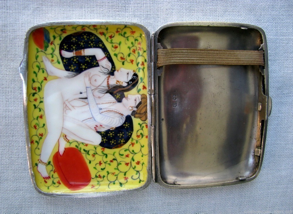SALE! ANTIQUE 1911 STERLING HANDPAINTED PORCELAIN KAMASUTRA CIGARETTE CASE -img-1
