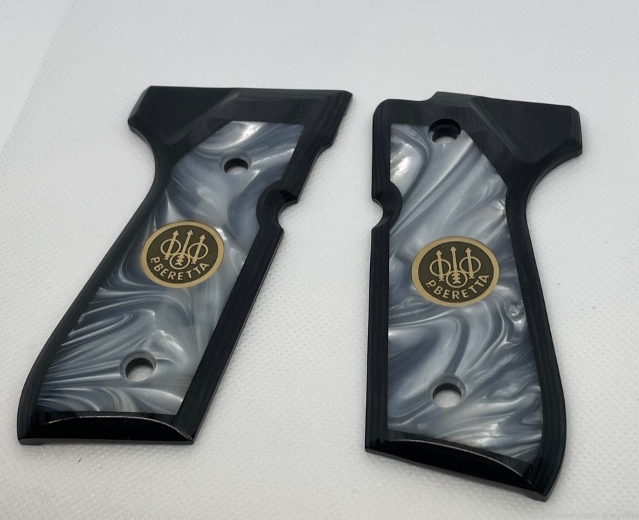 BERETTA 92 GRAY WOOD/WHITE PEARL ACRYLIC INSERT GRIPS-img-1