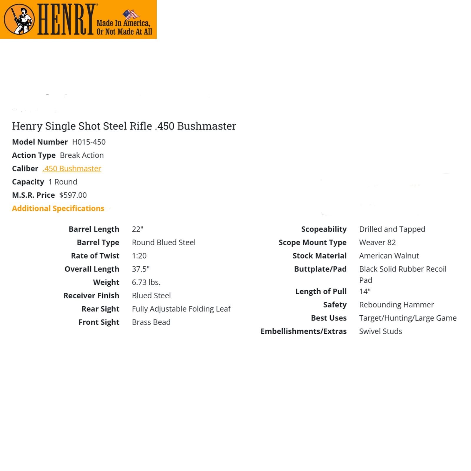HENRY Single Shot 450 Bushmaster 22in 1rd Walnut Stock Rifle (H015450)-img-7