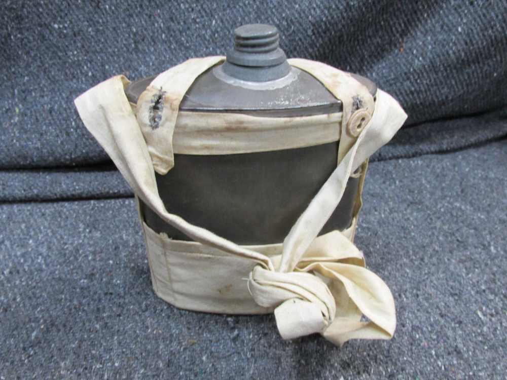 VINTAGE 19th CENTURY METAL CANTEEN WITH COVER AND CARRY STRAPS-img-0