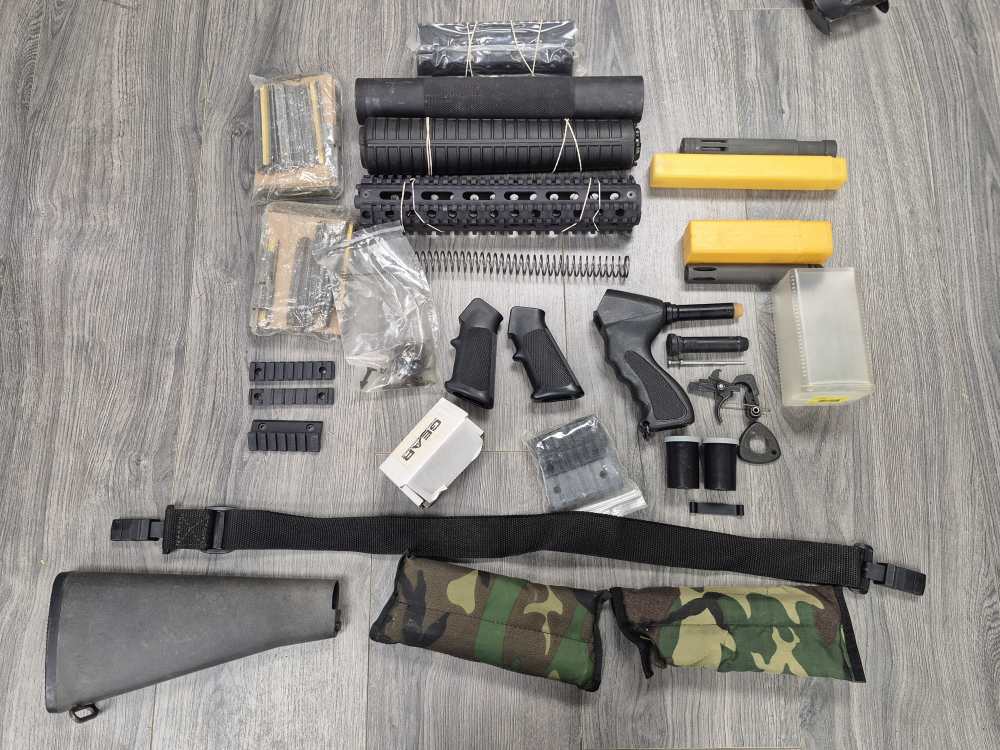 PENNY! LARGE LOT OF AR15 M16 PARTS RAILS FLASH HIDERS, SLING, SMALL PARTS -img-0