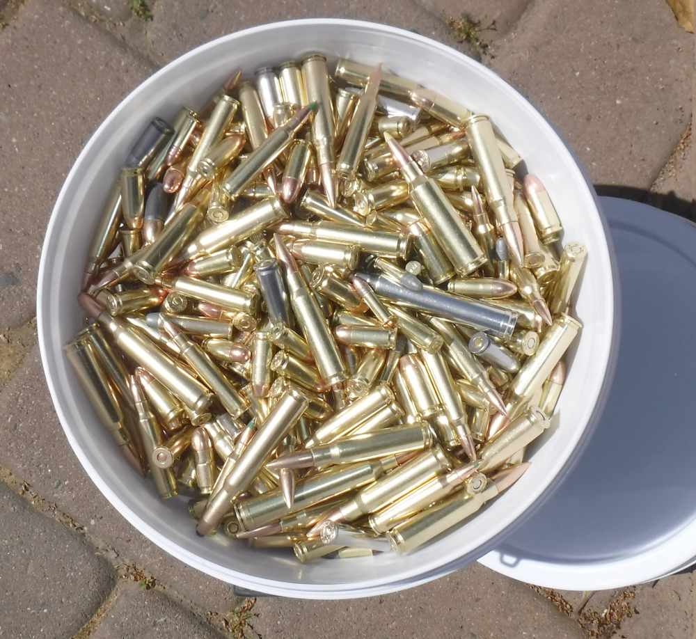 LARGE 48-50LB LOT OF MIXED SHINY AMMUNITION IN SEALED BUCKET.  VG!-img-0