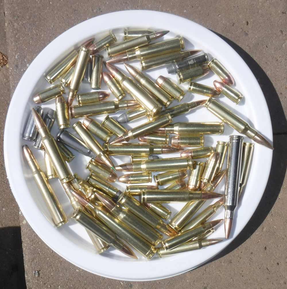 LARGE 48-50LB LOT OF MIXED SHINY AMMUNITION IN SEALED BUCKET.  VG!-img-1