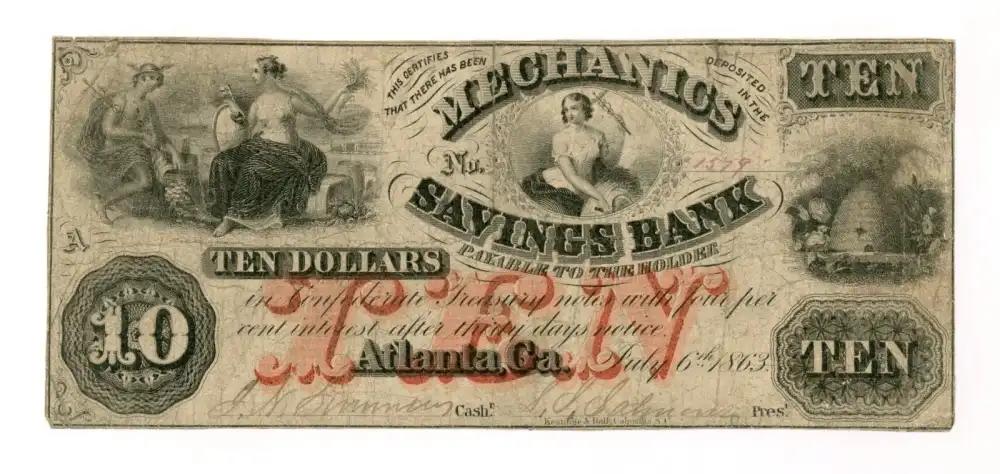 1863 $10 Dollar Georgia Bank Note Antique Currency Money-img-0