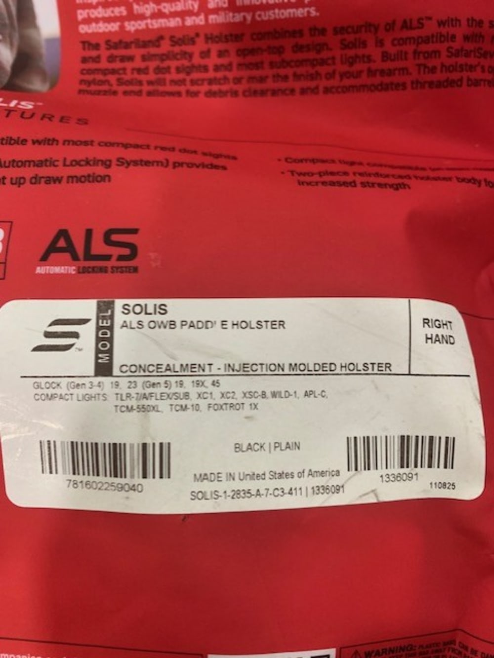 Safariland Solis ALS OWB Nylon Glock 19 red dot compat, right hand blk-img-1