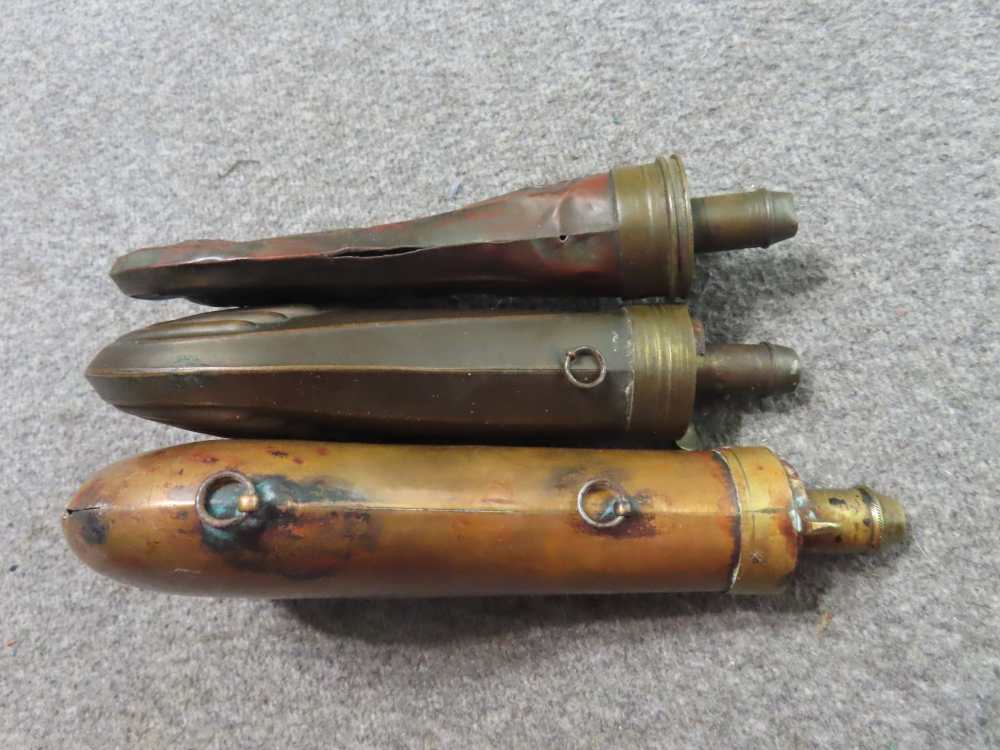 3-ANTIQUE BRASS POWDER FLASKS ABOUT 1 POUND CAPACITY EACH-img-7