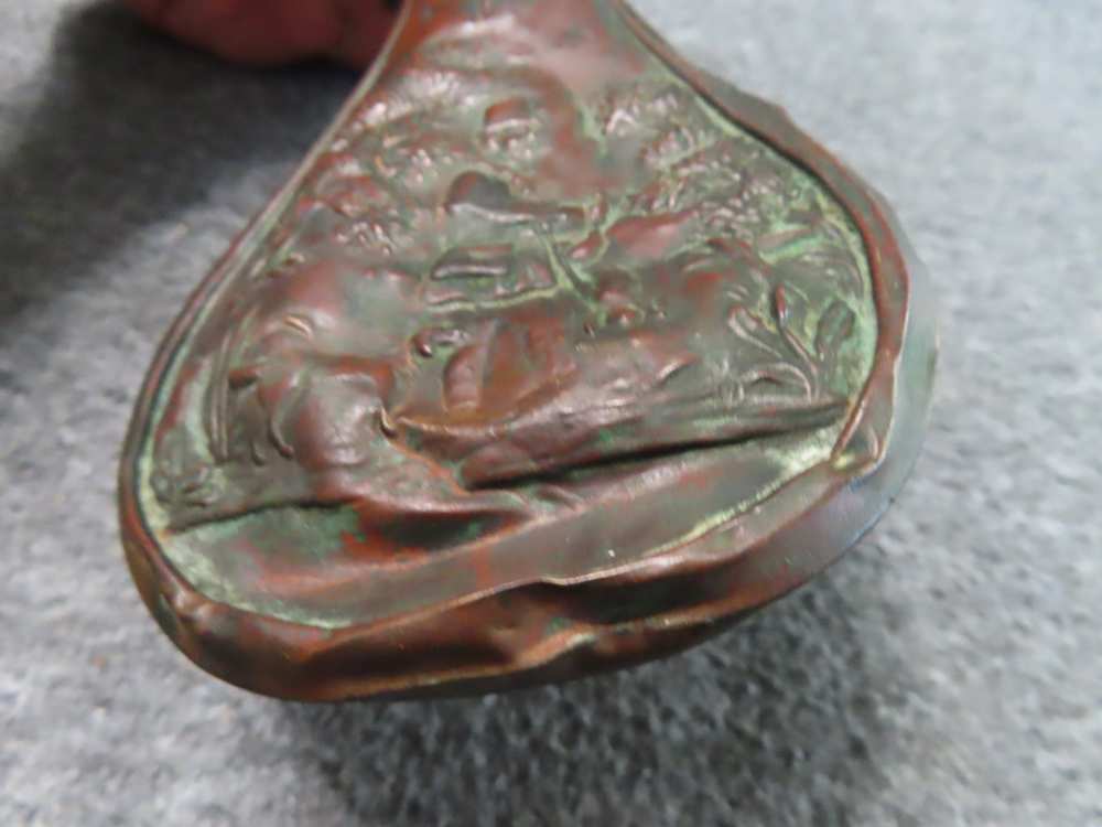 3-ANTIQUE BRASS POWDER FLASKS ABOUT 1 POUND CAPACITY EACH-img-3