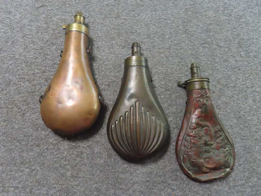 3-ANTIQUE BRASS POWDER FLASKS ABOUT 1 POUND CAPACITY EACH-img-0