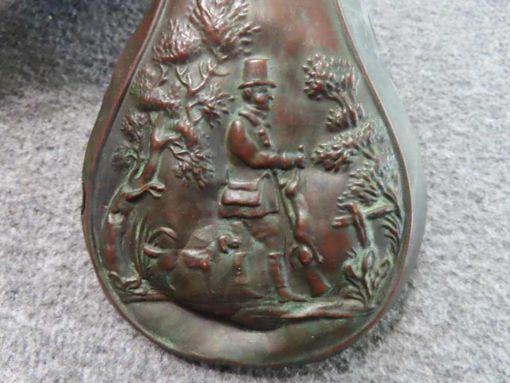 3-ANTIQUE BRASS POWDER FLASKS ABOUT 1 POUND CAPACITY EACH-img-2