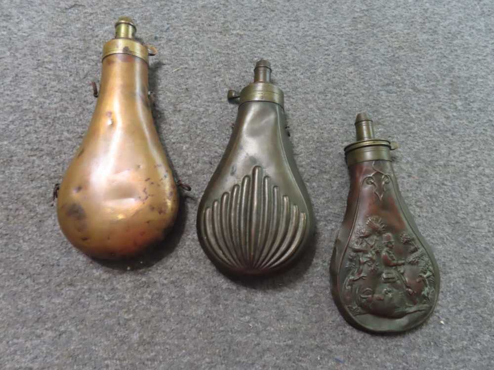 3-ANTIQUE BRASS POWDER FLASKS ABOUT 1 POUND CAPACITY EACH-img-1