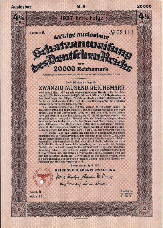 German Treasury Loan. 20,000 REICHSMARKS 1937 swastika, WWII-img-0
